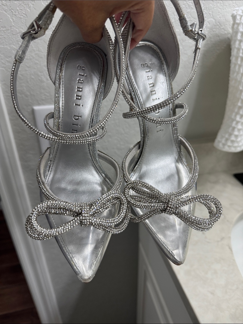 Gianni Bini Silver Crystal Bow Pointed Strappy Heels
